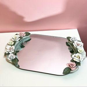 Vintage ornate 3d floral pastel mirrored tray